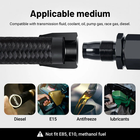 6AN Fuel Line Kit with braided nylon fuel hose showing compatibility with diesel, E15, antifreeze, and lubricants.