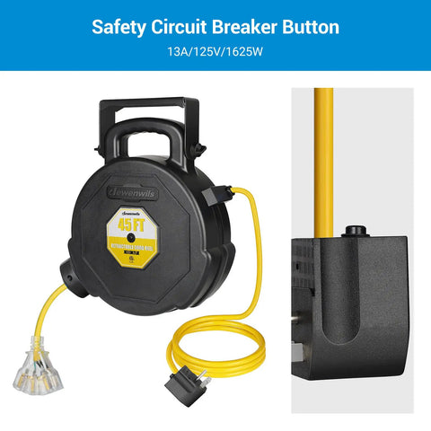 45Ft Retractable Extension Cord Reel With Auto Retract And Lighted Triple Outlets, Wall Or Ceiling Mountable For Garage Workshop