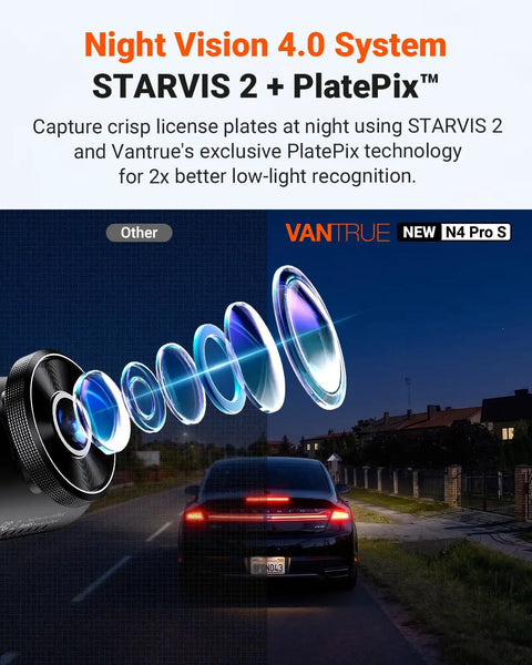 Beast 4K Front, 2.5K Interior, 1080P Rear Dash Cam with STARVIS 2 sensors at night, capturing license plates on a dark road.