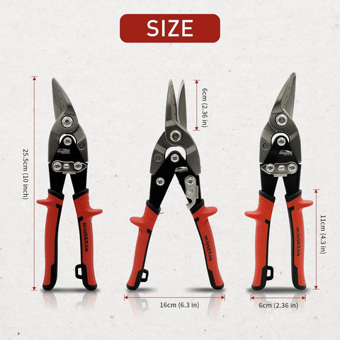 Straight Up Heavy Duty Aviation Tin Snips Set Delivers Ten Inch Straight Left And Right Cut Blades with size details and measurements.