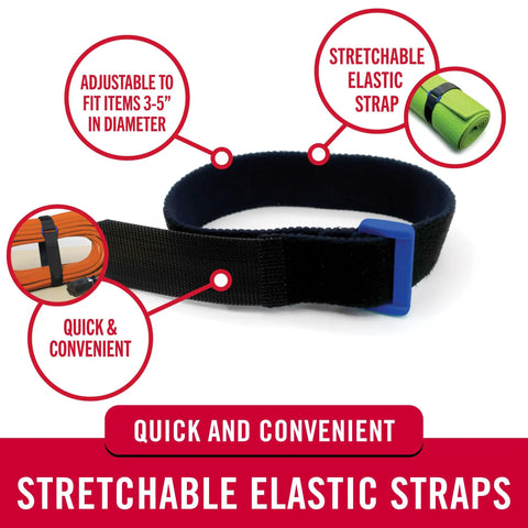 Elastic Cinch Straps With Buckle Grab N Go 15 Inch By 1 Inch Black 4 Pack Fully Adjustable And Stretchable Hook And Loop Straps With D Ring Buckles For Secure Fit On 3 To 5 Inch Diameters, black strap