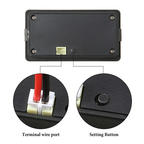 Back view of Two Piece Battery Indicator Voltage Meter DC 12V To 84V With Alarm For Golf Cart, showing wire port and setting button
