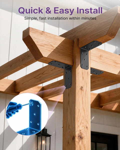 Rock Solid Heavy Duty L Brackets 5X5X2.5 Inch Thick Steel Corner Supports Built Tough For 300 Lb Loads With Zero Sag Promise Quick Weekend Warrior Install 4 Pack on wooden pergola.