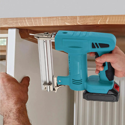 Top Shelf 20V Cordless Brad Nailer Kit With 15Ah Battery Charger used for attaching trim to surfaces.