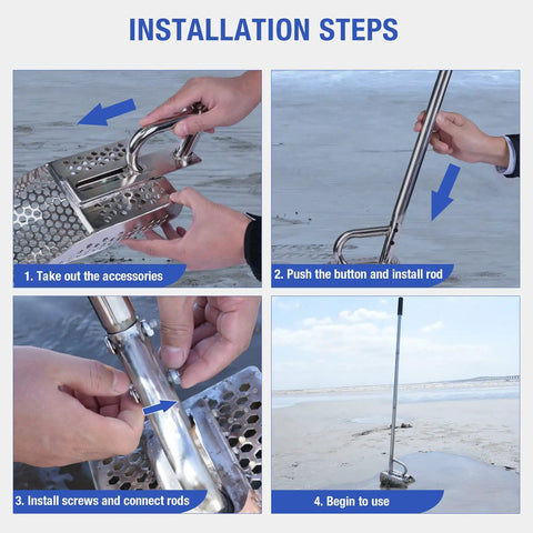 Installation steps for Sand Scoop For Metal Detecting Stainless Steel Beach Treasure Dig Tool with adjustable long handle.