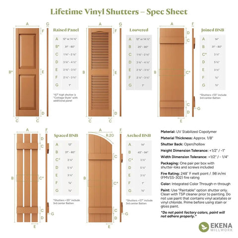 Spec sheet for Lifetime Vinyl Shutters with various styles and dimensions, made from UV stabilized copolymer material.