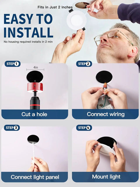 Installation steps for 6 Inch LED Recessed Slim Downlight Canless Ceiling Lights With Junction Box IC Rated ETL Dimmable 12W 1027lm.