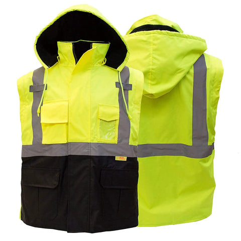Hi Viz Bomber Jacket With Zipper And Detachable Sleeve, ANSI Class 3 Safety Workwear, lime green color, reflective tape, front and back view