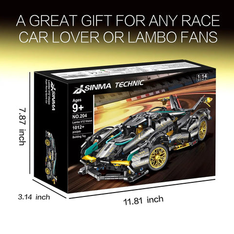 Technic Sports Car Building Kit 1:14 Scale Lambo V12 MOC Race Car Model Set boxed view with dimensions, 1012 pieces, ages 12 and up.