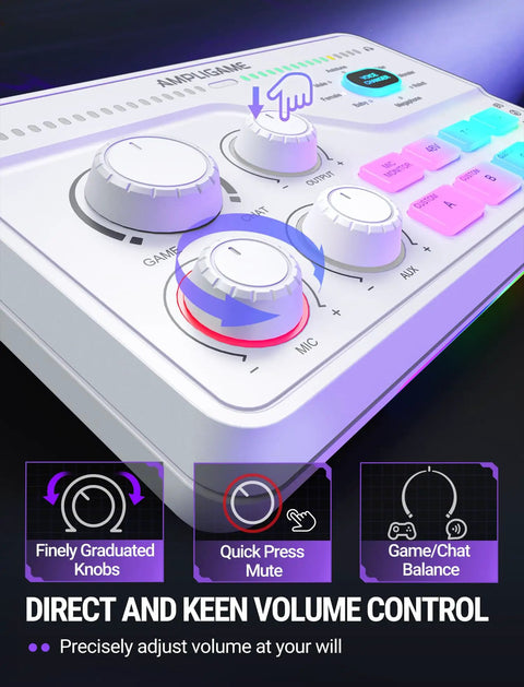 Close-up of Gaming Audio Mixer With 7 Point 1 Surround Sound, Volume Knob And Mute, showcasing volume controls and RGB lights.
