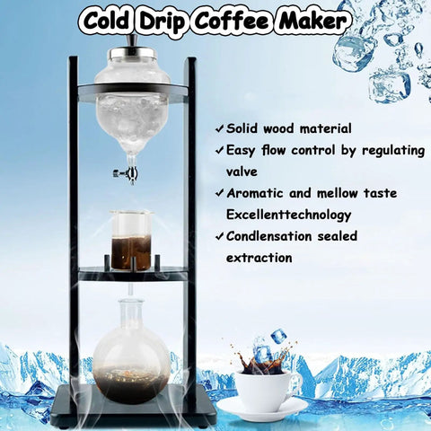 Smooth Sip Premium Ice Drip Coffee Maker For Cold Brew Tower With Pine Wood And Glass Holds 5 To 8 Cups with valve control.