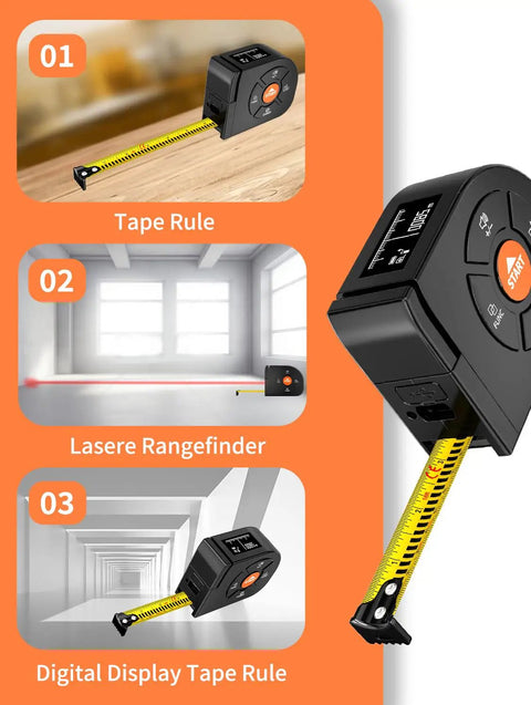 Beast 3 In 1 Laser Tape Measure With Digital Tape Mode And Pythagorean Calculations 196 Ft Laser Range 60 M 16 Ft Digital Tape, black unit