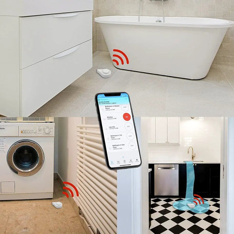 Zigbee Water Leak Sensor 4 Pack With Dripping Detection, 120 DB Alarm showing placement near bathtub and washing machine with app alerts.