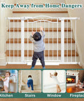 Child standing near extra wide press mounted baby gate for indoor openings 65 to 68 inches walk through no drill easy install for kids