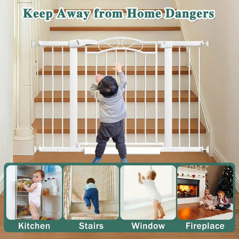 Child standing near extra wide press mounted baby gate for indoor openings 65 to 68 inches walk through no drill easy install for kids