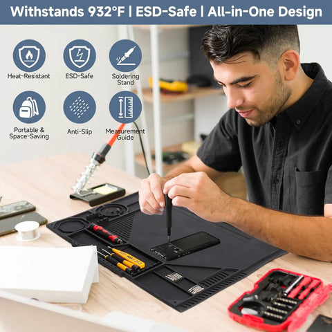 Man using Silicone Soldering Mat With Stand, 20x14 Inch ESD Safe Anti Static Workbench Pad, Heat Resistant for electronics repair.