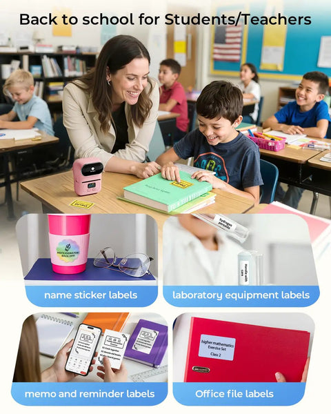 No Sweat Portable Thermal Label Printer With Crisp Built In Display And Smartphone App Hookup For Home And Small Business Quick Print Name Tags Price Stickers Cable Wraps Jewelry Cards Up To Fifty Millimeters Wide in classroom use for labeling books and materials.