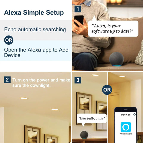 Setup guide showing Smart Recessed LED Can Lights 5/6 Inch Retrofit Kit Plug And Play 940 Lumen Soft White with Alexa integration.