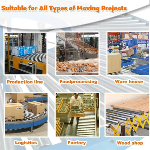 Collage showing industrial conveyor rollers used in production line, food processing, warehouse, logistics, factory, and wood shop.