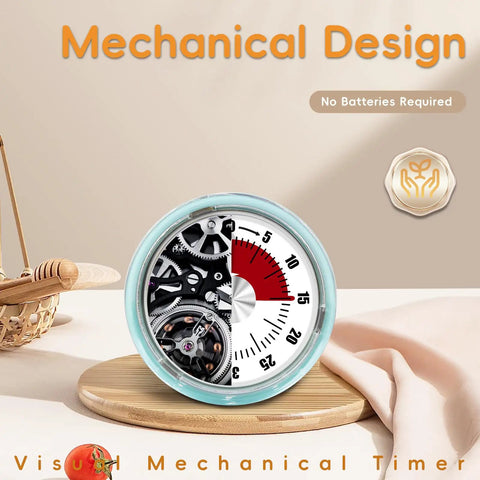 Go To Visual Kitchen Timer for Cooking 0-60 Minutes, mechanical design with large dial, blue housing, on wooden counter.