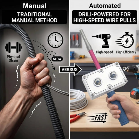 Heavy Duty Handheld Drill Powered Wire Puller showing manual versus automated wire pulling methods for electricians.