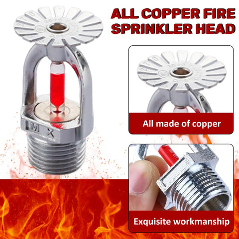 Built Tough Quick Response Pendent Fire Sprinkler Head 155F Water Spray Down with Half Inch Pipe Thread, showing copper design and glass bead.
