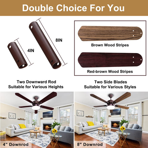 52 Inch Farmhouse Ceiling Fan With Light And Remote For Indoor Outdoor Spaces Bronze Finish 3CCT LED 6 Speed Reversible DC Motor Quiet 5 Blade Design Ideal For Patio Porch Bedroom Living Room, showcasing double choice feature with 4-inch and 8-inch downrods and two blade colors, brown and red-brown wood stripes, in cozy living rooms.