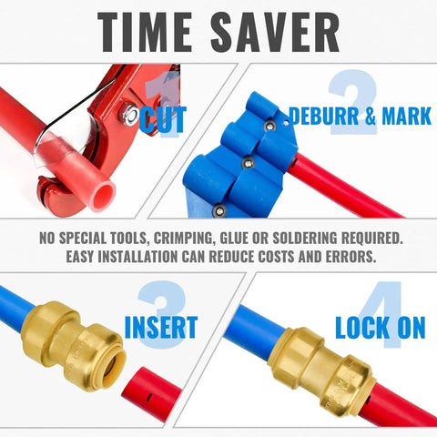 Four-step process for using Three Quarter Inch Push To Connect Plumbing Fittings Pack Of 12 Lead Free Brass For Pex Piping Copper And CPVC