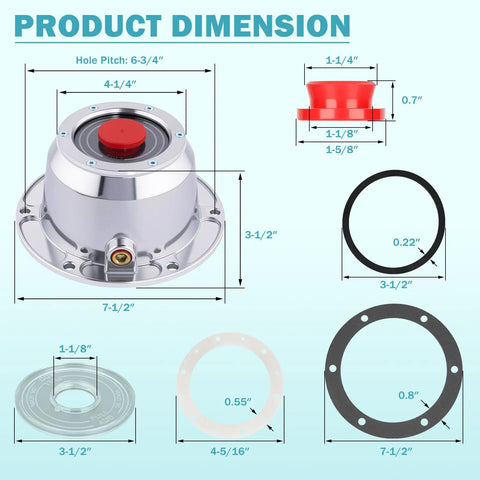 Aluminum Trailer Hub Cap Kit 343 4195, 4 Pack With Rubber Plugs And Gaskets, dimensions and components layout