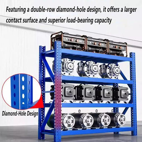 Heavy Duty Industrial Shelving Unit Tough As Nails Four Tier Garage Storage Rack With Premium Powder Coated Cold Rolled Steel Finish For Warehouse Workshop Project Massive Storage Rack displaying diamond-hole design and various stored items.