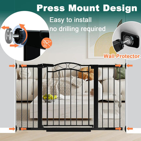 Ultra Wide Baby Gate With Door, Fits 65.4 To 68.1 Inches, 30 Inch Tall, Pressure Mounted No Drill, Indoor Tension Metal Safety Gate, black, in a modern living room setup, showing close-up on the pressure mount design and wall protector.