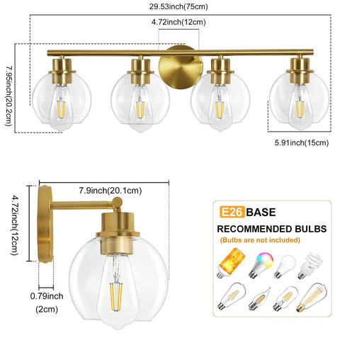 4-Light Over Mirror Bathroom Vanity Light With Clear Glass Globe Shades, 29.5 Inch Black Wall Sconce For Bath with E26 base bulb