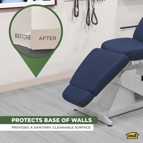 4 Inch By 120 Foot Dry Back Vinyl Wall Base With Toe Kick, Easy Install Molding Roll, Beige trim in a medical room with before and after inset.
