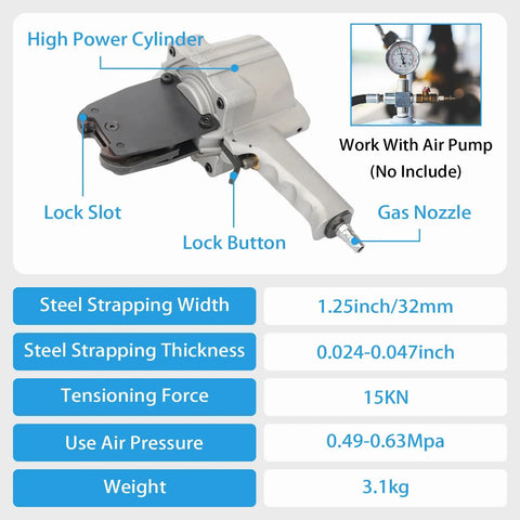Heavy Duty Pneumatic Steel Strapping Machine For 1.25 Inch Metal Belt showcasing features like high power cylinder and gas nozzle.