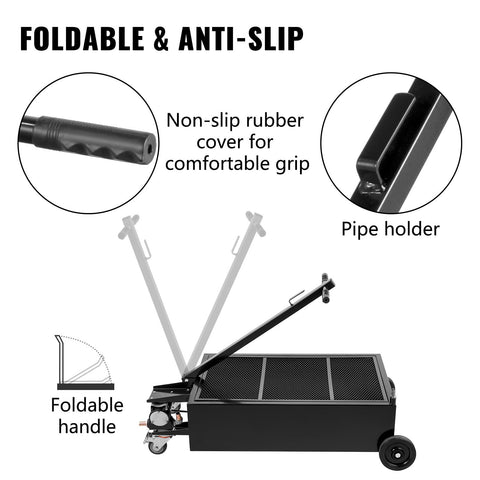 Low Profile 25 Gallon Oil Drain Pan With 110V High Flow Electric Pump showing foldable handle and non-slip rubber grip