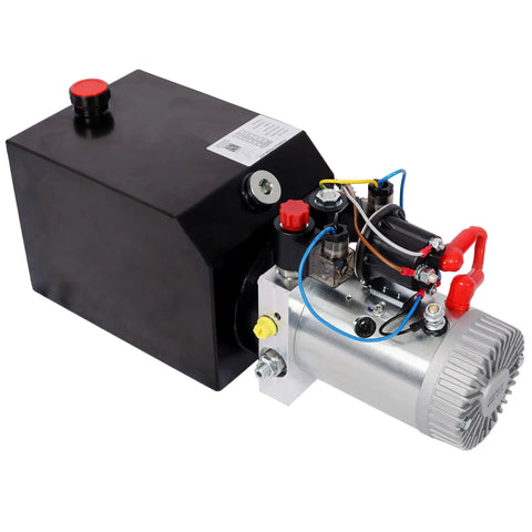 Heavy Duty 3200 PSI 12V DC Double Acting Hydraulic Power Unit Pump With 6 Qt Steel Reservoir side view showing motor and tank components.
