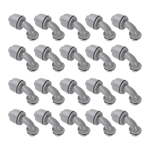 Heavy Duty Nylon 6 Liquid Tight Connector 1/2 Inch Npt 90 Degree Angled Design multiple units displayed for industrial wiring setup.