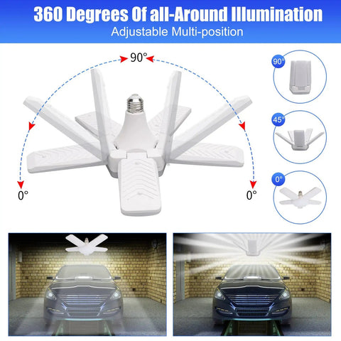 Ultra Bright LED Garage Lights 4 Pack With 100W Power, 10000 Lumens, 6500K Daylight, E26 E27 Ceiling Mount showing adjustable panels