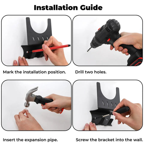 Installation guide for 4 Pack Angle Grinder Holders Wall Mount Rack With Cord Hanger For 5 Inch Grinders showing tools used.
