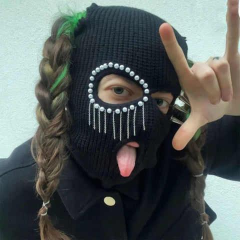 Distressed Balaclava Face Mask With Halloween Spooky Style Dope, Funny Scary Knit Full Face Ski Mask, adorned with pearls