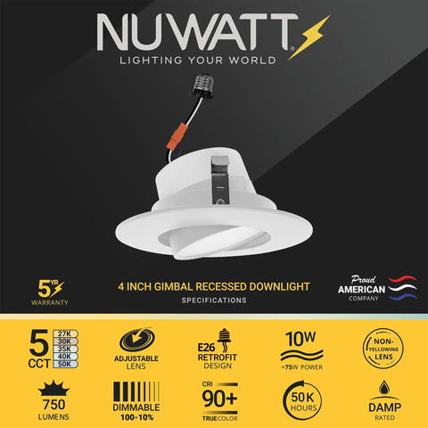 4 Inch Gimbal LED Recessed Can Light For Sloped Ceilings, Dimmable 750LM Output, 5 CCTs 2700K To 5000K, 90 CRI Eyeball