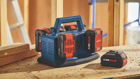 Ultra Fast 18V 6-Bay Battery Charger With 8 Amp Charge Delivers 80 Percent In 32 Minutes And 100 Percent In 50 Minutes