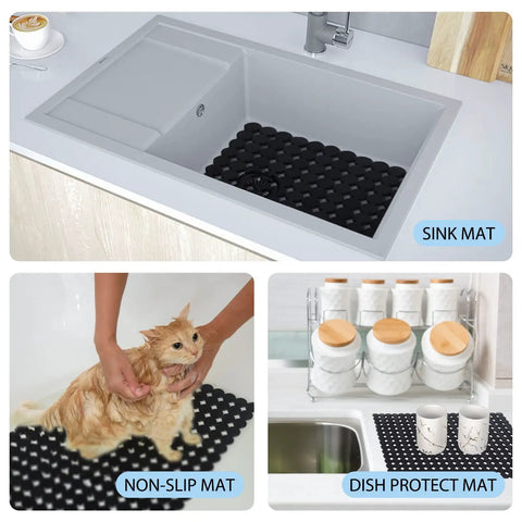 Two Pack Adjustable Kitchen Sink Mat With Fast Draining Design That Protects Dishes And Glassware Easy To Clean Dish Drying Mat shown in use in a sink, as a cat bath mat, and drying dishes