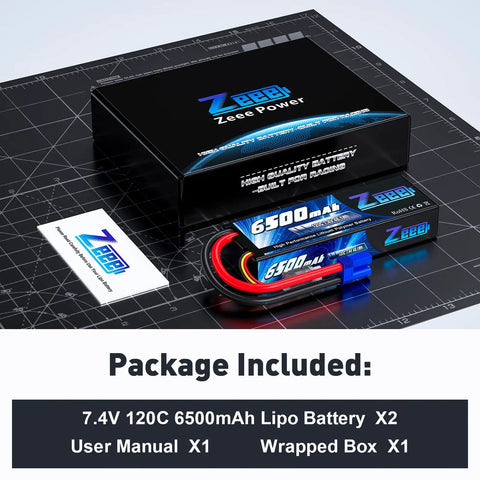 Beefy Pro-Grade 2S 6500mAh 7.4V RC Battery Hard Case With EC5 Connector 120C High-Discharge Power Pack Of 2 and package contents