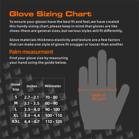 Glove sizing chart for Heavy Duty Black Nitrile Mechanic Gloves 10 Mil Extra Large 100 Count for tough auto work and high torque tasks.