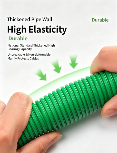 Pro Grade Heavy Duty Flexible PP Corrugated Conduit For No Sweat Wire Routing and Flame Resistant Cable Armor, showing thickened green ribbed tube.