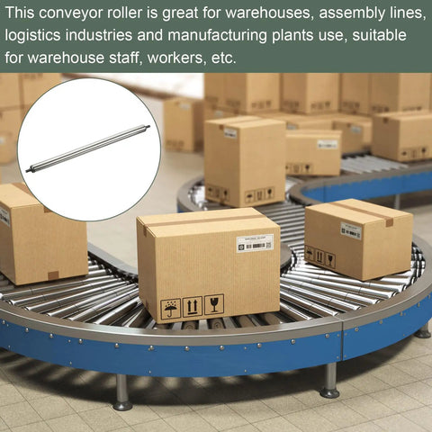 Heavy Duty Stainless Steel Conveyor Roller Replacement For Warehouses Factories And Logistics With Butter Smooth Glide Design One Inch Diameter By 20 Inch Length on conveyor with boxes.