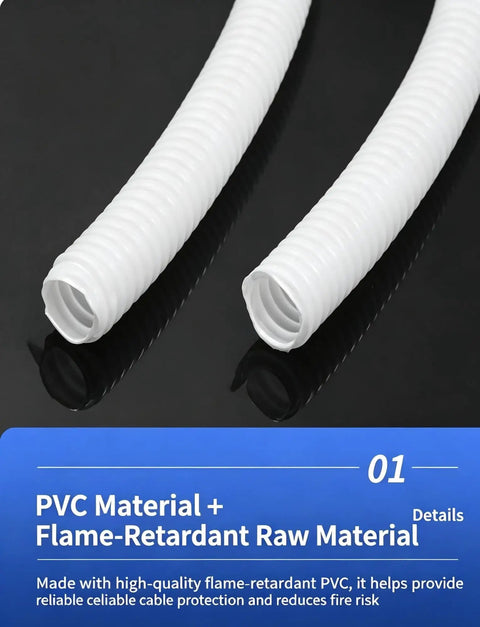 Badass Flexible PVC Corrugated Conduit For Electrical Wiring And Cable Routing With Flame Retardant Protection Heavy Duty Milk White Tubing on black background.