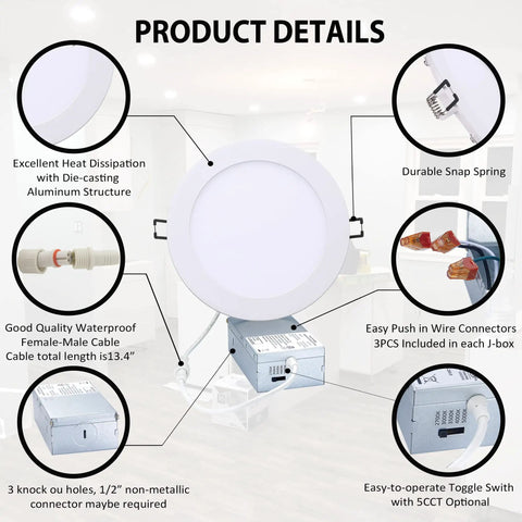 Product details of Slim LED Canless Recessed Downlight 6 Inch, 12W, 1027 Lumens, 5 CCT Adjustable Ceiling Light with junction box.