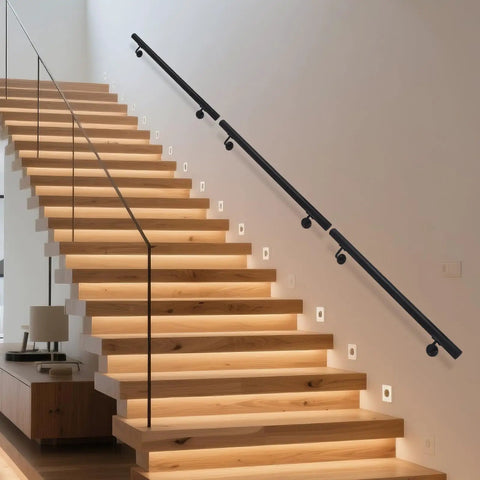 Badass Wall Mounted Stair Handrail Heavy Duty Stainless Steel Black Cylinder Design Killer Grip For Home And Office Interior Safety Rail FivePointOneCm Diameter Tube on modern staircase.